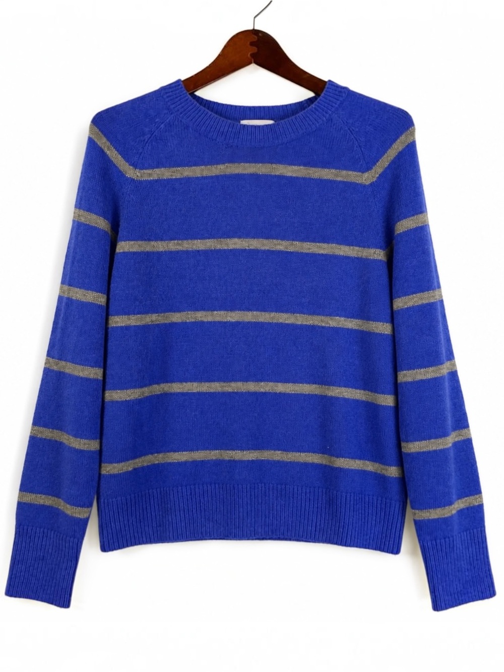 Evereve S Cobalt Blue Gray Stripe Soft Knit Crewneck Sweater